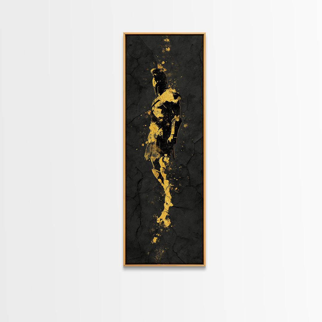 Greek Spartan Warrior Silhouette, Gold Canvas Print, Ancient Warrior Helmet Wall Art, Real Wood Frame Decor