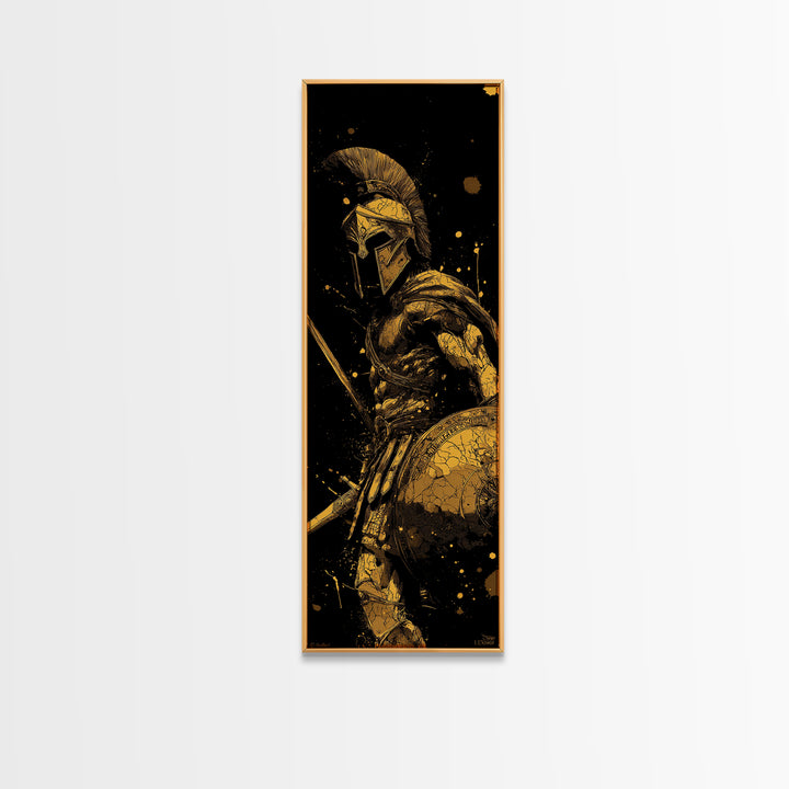 Ancient Spartan Warrior With Shield, Gold Canvas Print, Greek Soldier Helmet Wall Art, Real Wood Frame Decor