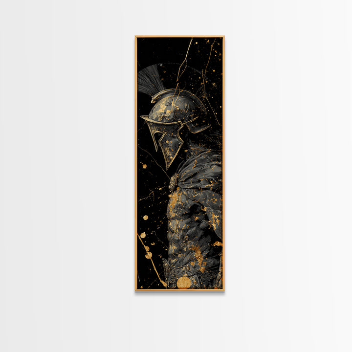 Greek Spartan Warrior In Splatter Style, Gold Canvas Print, Ancient Warrior Helmet Wall Art, Real Wood Frame Decor