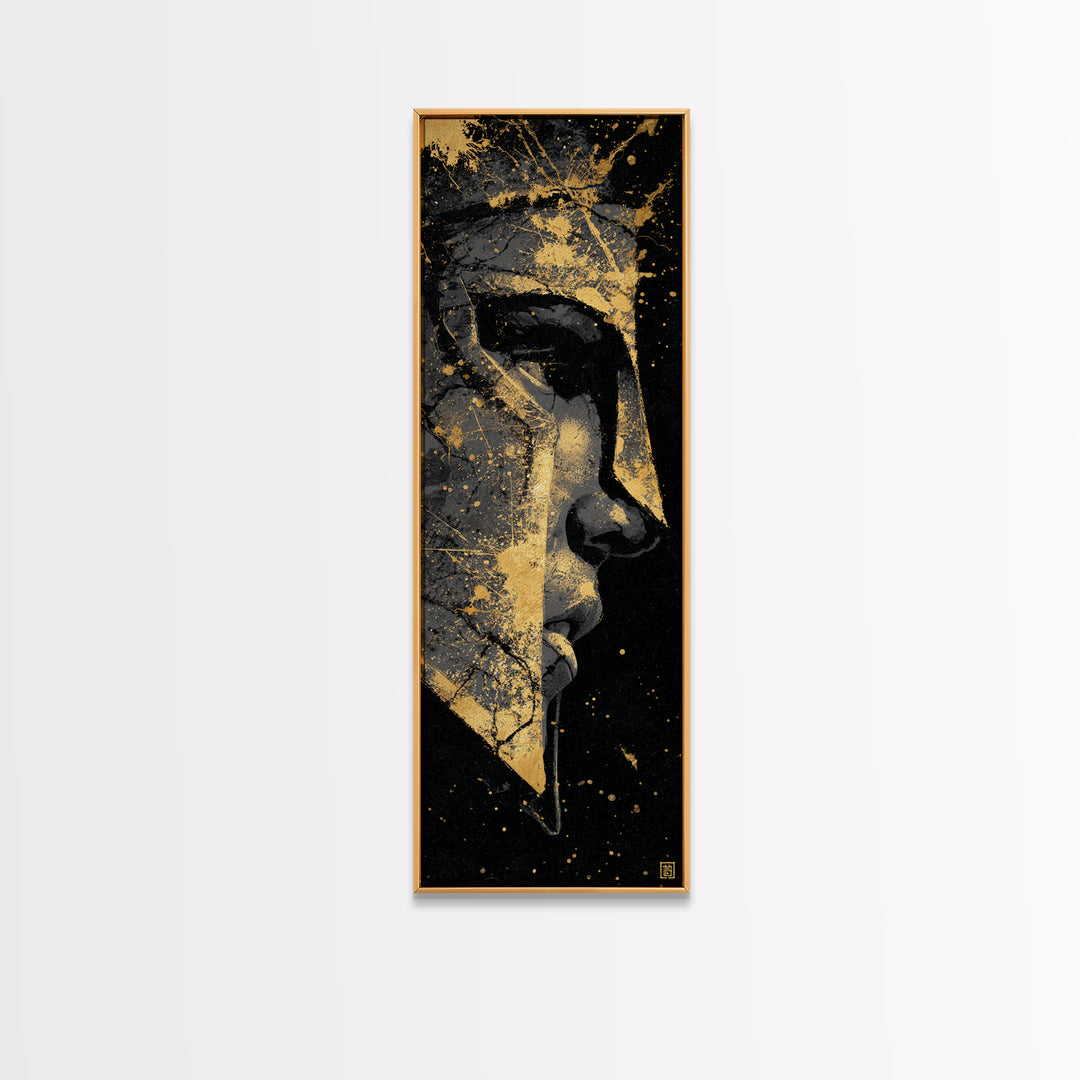 Warrior Spartan Portrait, Gold Canvas Print, Ancient Greek Helmet Wall Art, Real Wood Frame Home Decor, Historical Warrior Artwork