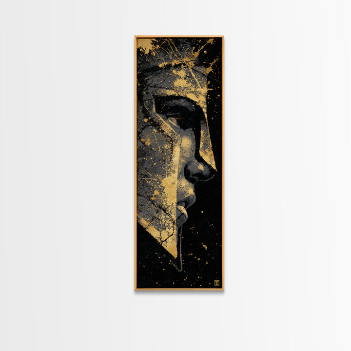 Warrior Spartan Portrait, Gold Canvas Print, Ancient Greek Helmet Wall Art, Real Wood Frame Home Decor, Historical Warrior Artwork
