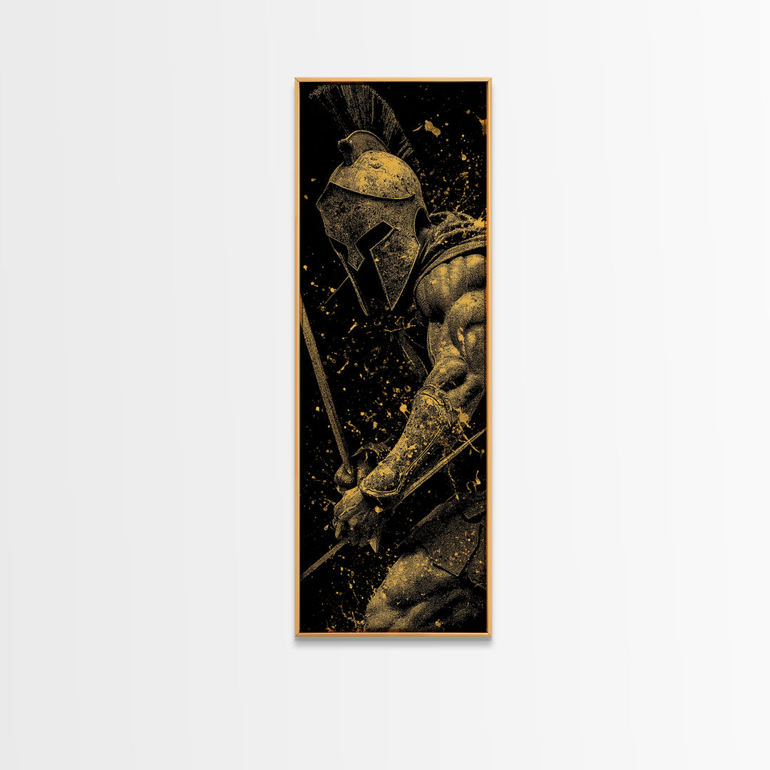 Spartan Warrior With Sword, Gold Canvas Print, Greek Mythology Wall Art, Real Wood Frame Decor, Ancient Battle Artwork