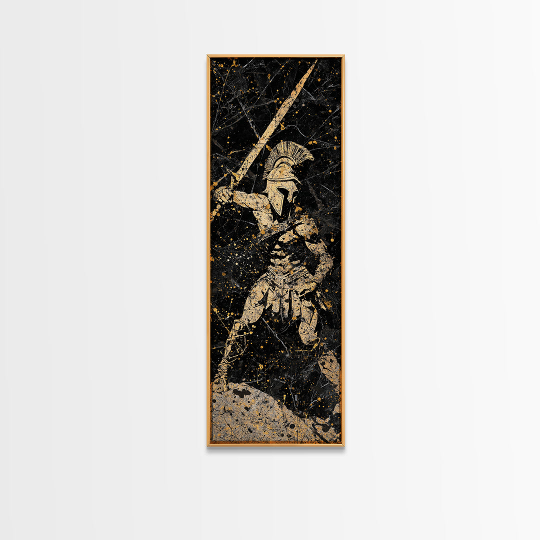 Greek Hoplite With Spear, Gold Canvas Art, Spartan Warrior Wall Decor, Real Wood Frame Canvas Print, Historical Military Artwork