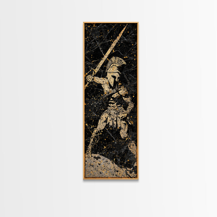 Greek Hoplite With Spear, Gold Canvas Art, Spartan Warrior Wall Decor, Real Wood Frame Canvas Print, Historical Military Artwork