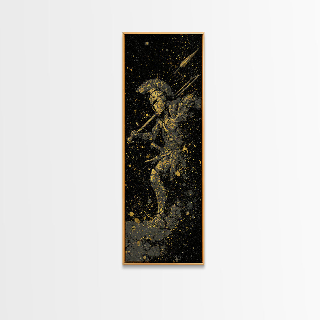 Ancient Spartan In Battle, Gold Canvas Art, Warrior With Spear Wall Print, Real Wood Frame Decor, Greek Mythology Artwork