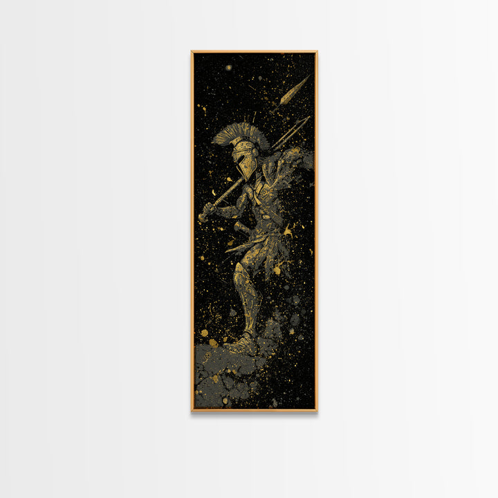 Ancient Spartan In Battle, Gold Canvas Art, Warrior With Spear Wall Print, Real Wood Frame Decor, Greek Mythology Artwork