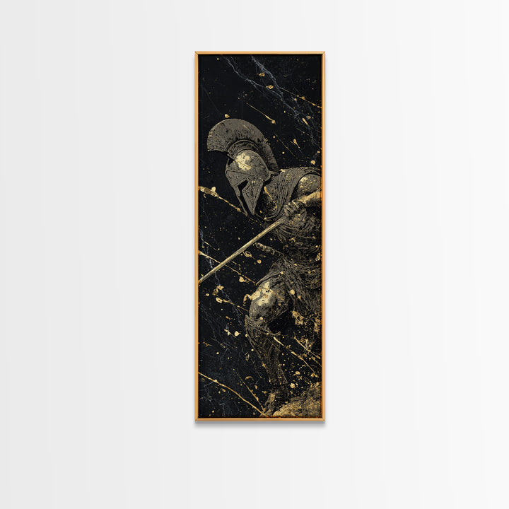 Heroic Spartan Warrior, Gold Canvas Print, Ancient Greek Wall Art, Real Wood Frame Decor, Battle Ready Soldier Artwork