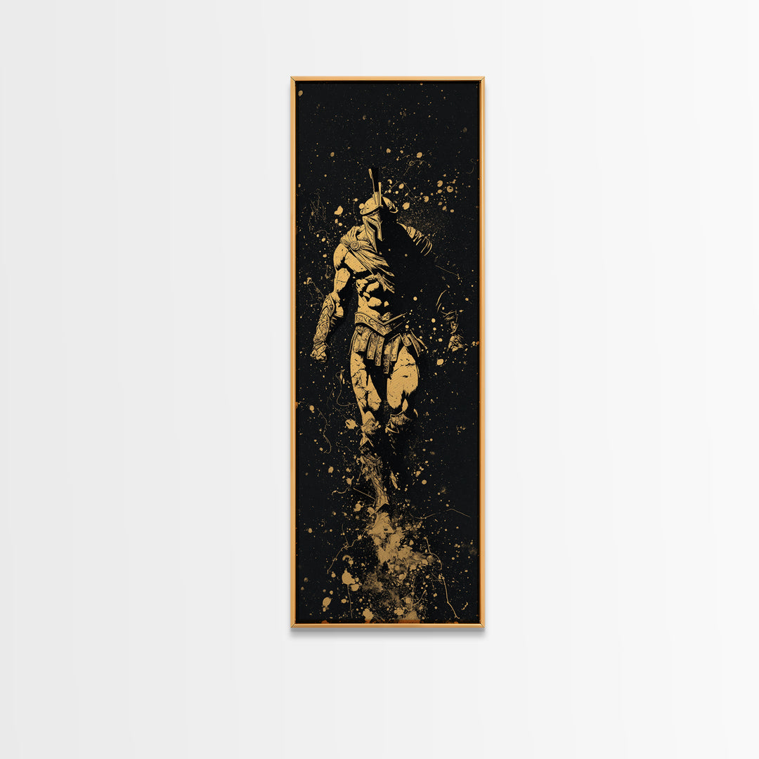 Spartan Marching Forward, Gold Canvas Print, Ancient Warrior Wall Art, Real Wood Frame Decor, Classical Greek Soldier Artwork