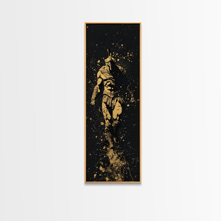 Spartan Marching Forward, Gold Canvas Print, Ancient Warrior Wall Art, Real Wood Frame Decor, Classical Greek Soldier Artwork