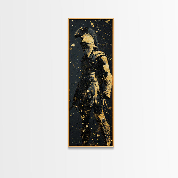 Greek Hoplite Gold Canvas Art, Ancient Spartan Warrior Print, Real Wood Frame, Mythology Inspired Wall Decor For Living Room