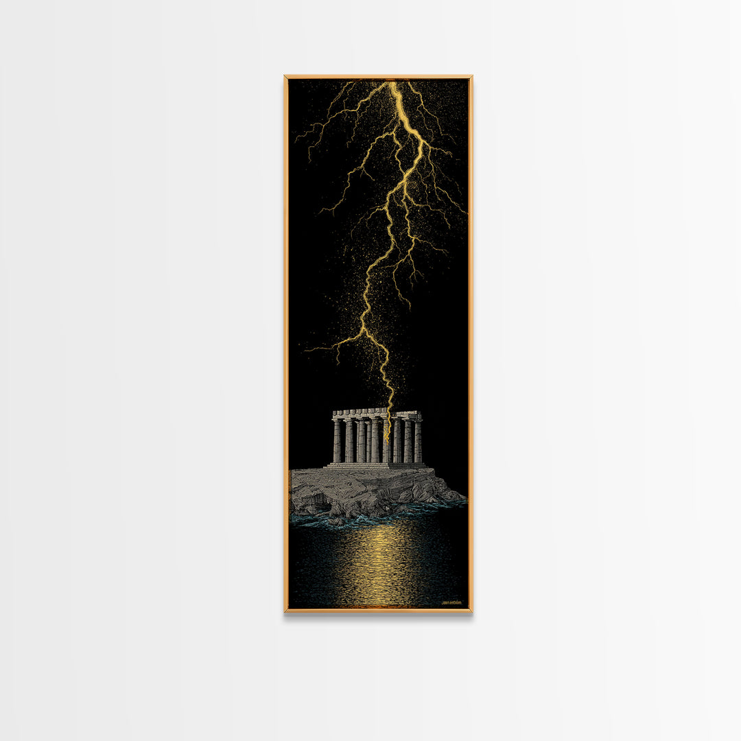 Gold Canvas Art, Zeus Lightning Temple Print, Ancient Greece Mythology Wall Decor, Real Wood Frame