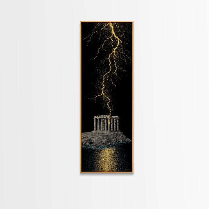 Gold Canvas Art, Zeus Lightning Temple Print, Ancient Greece Mythology Wall Decor, Real Wood Frame