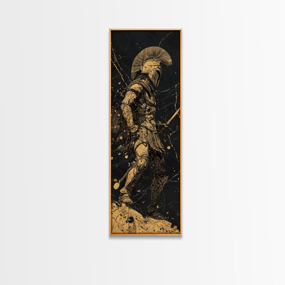The Spartan Warrior Wood Framed Canvas Print, Gold Canvas Art, Black and Gold Marble Background, Gift Idea For Man, Husband Gift