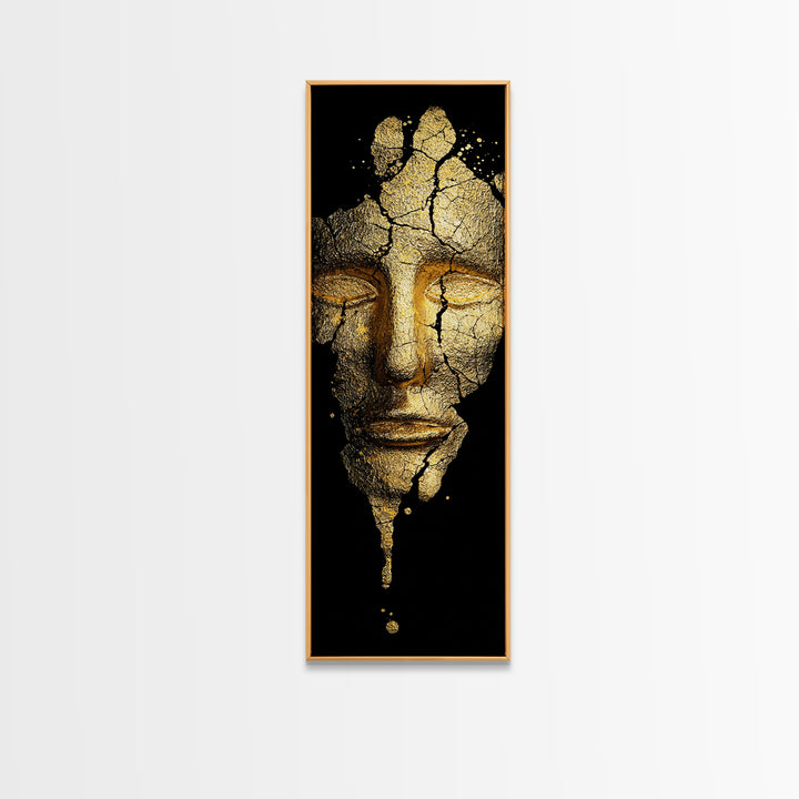 Gold Canvas Print, Cracked Golden Mask Wall Art, Mythical Face Artwork, Real Wood Frame Decor