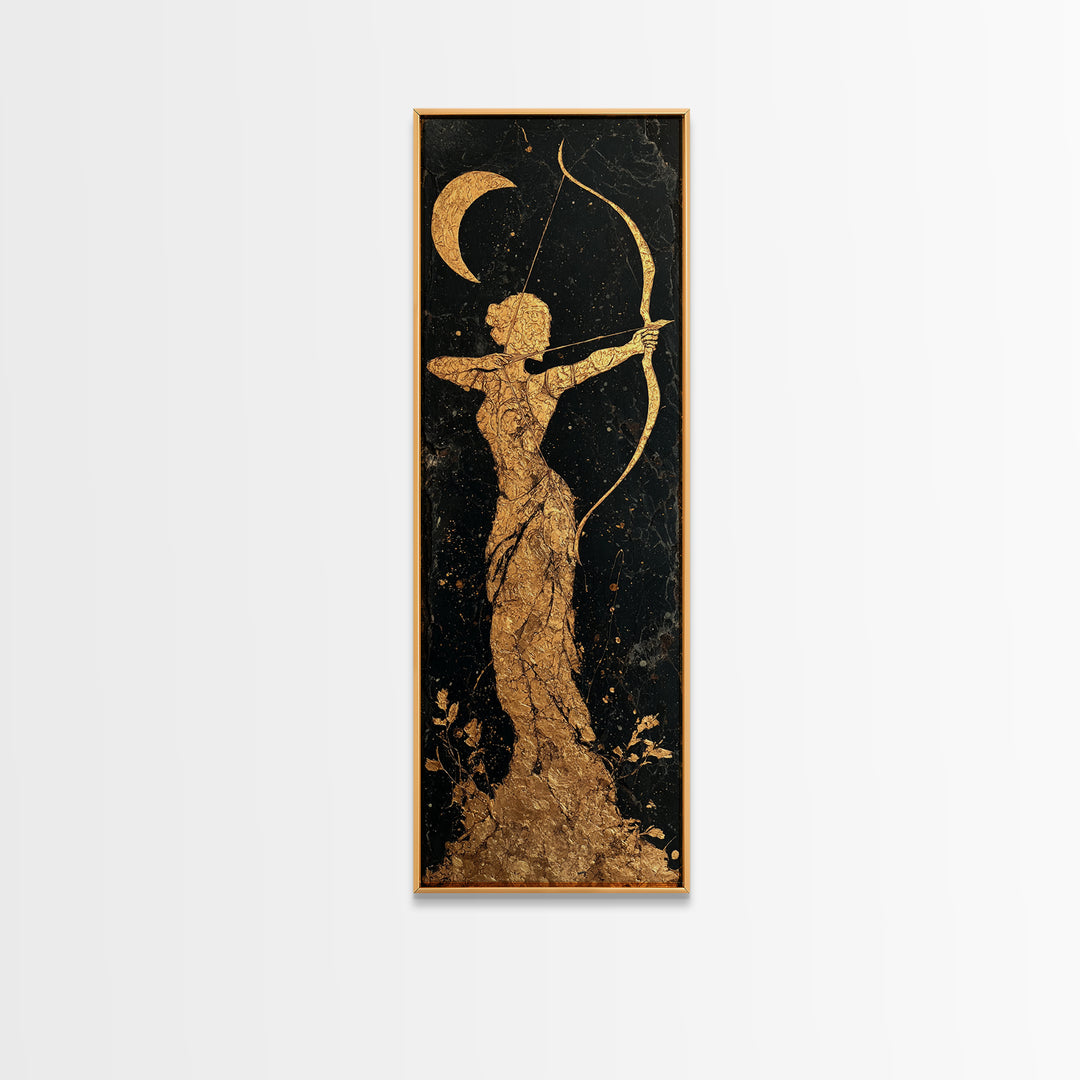 Gold Canvas Art, Artemis Moon Goddess Print, Bow And Arrow Wall Decor, Real Wood Frame Greek Artwork