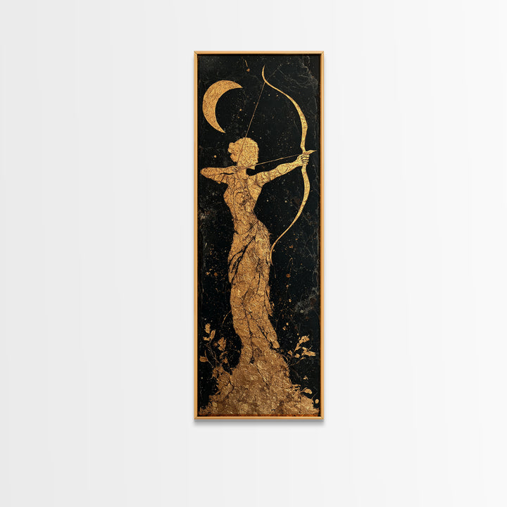 Gold Canvas Art, Artemis Moon Goddess Print, Bow And Arrow Wall Decor, Real Wood Frame Greek Artwork