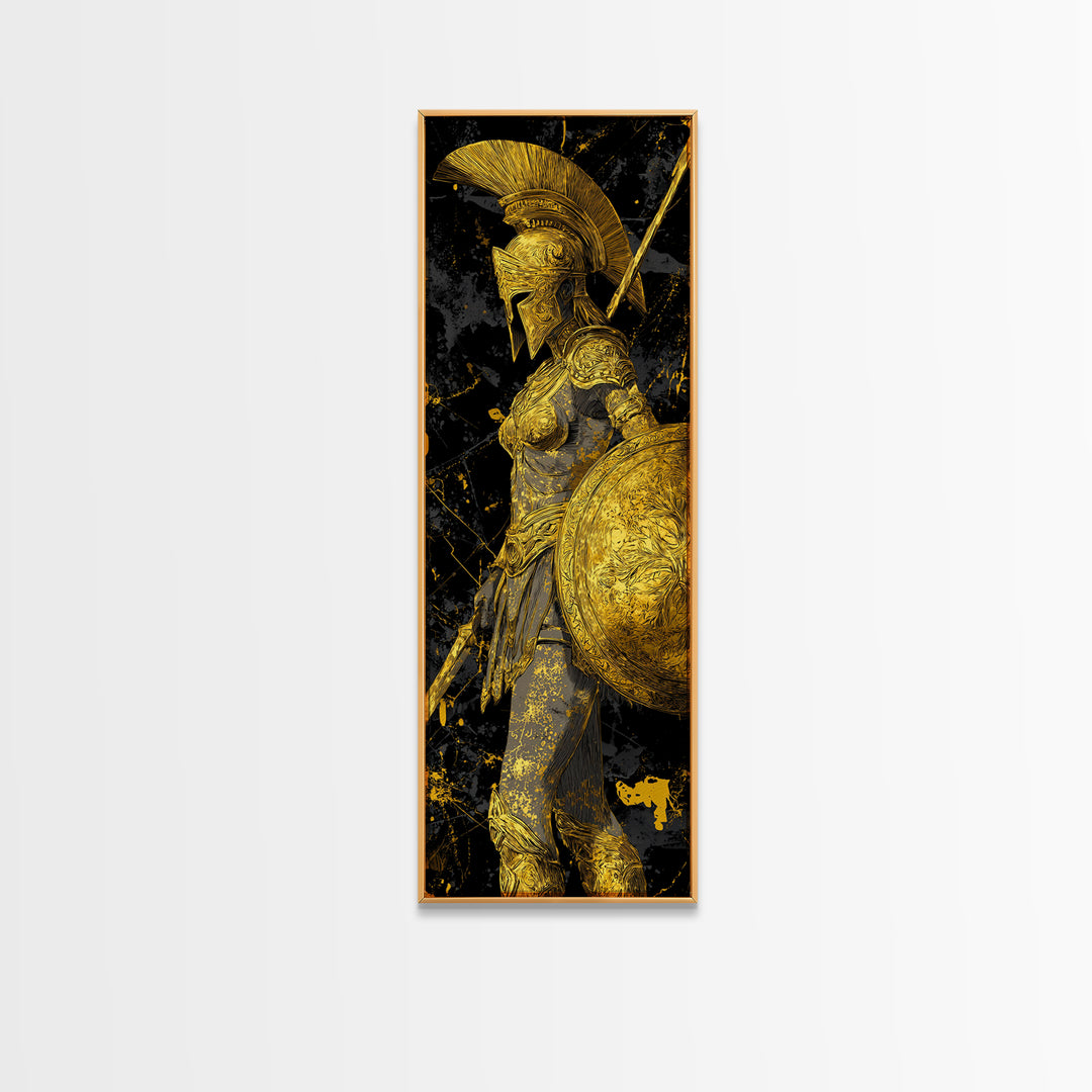 Gold Canvas Art, Athena Warrior Goddess Print, Shield And Sword Wall Decor, Real Wood Frame Decor