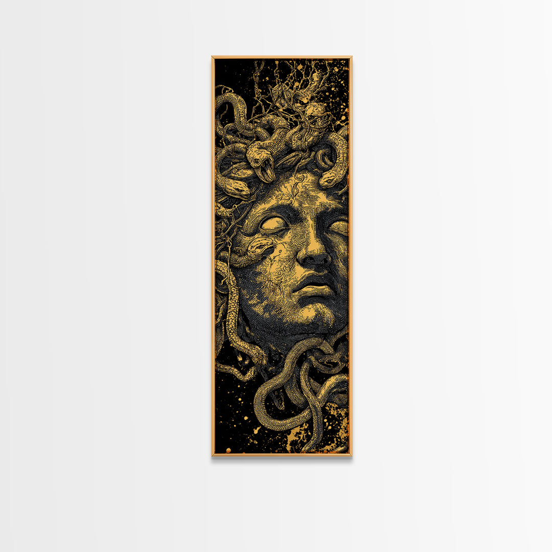Medusa Gold Canvas Art, Greek Mythology Wall Print, Serpent Goddess Decor, Real Wood Framed Gold Mythical Artwork