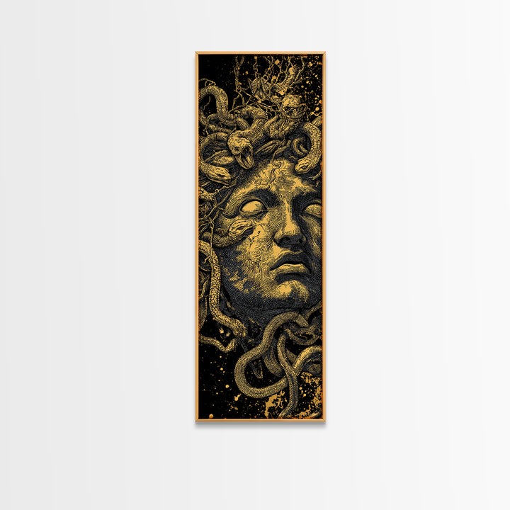 Medusa Gold Canvas Art, Greek Mythology Wall Print, Serpent Goddess Decor, Real Wood Framed Gold Mythical Artwork