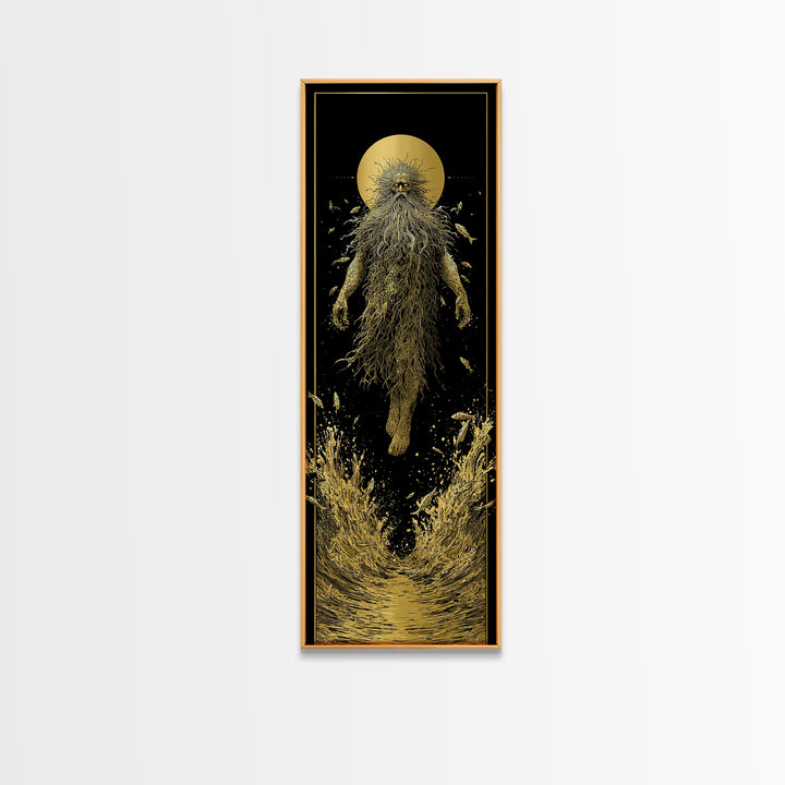 Oceanus Greek Titan Gold Canvas Art, Sea God Wall Print, Mythical Water Deity Decor, Real Wood Framed Gold Artwork