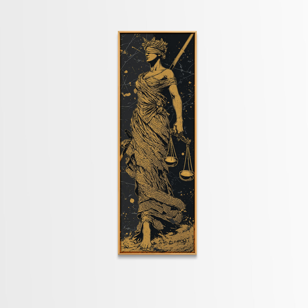 Themis Goddess Of Justice Gold Canvas Print, Blindfolded Lady Justice Wall Art, Scales Of Balance Decor, Real Wood Frame