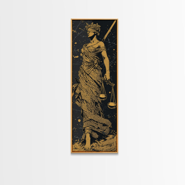 Themis Goddess Of Justice Gold Canvas Print, Blindfolded Lady Justice Wall Art, Scales Of Balance Decor, Real Wood Frame