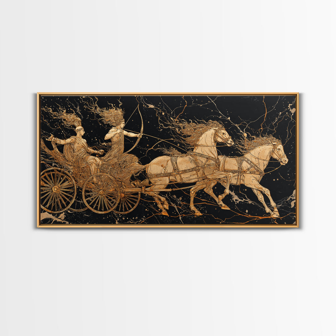 Greek Chariot Scene, Gold Canvas Art, Real Wood Frame, Mythology Inspired Wall Decor, Warriors And Horses Print