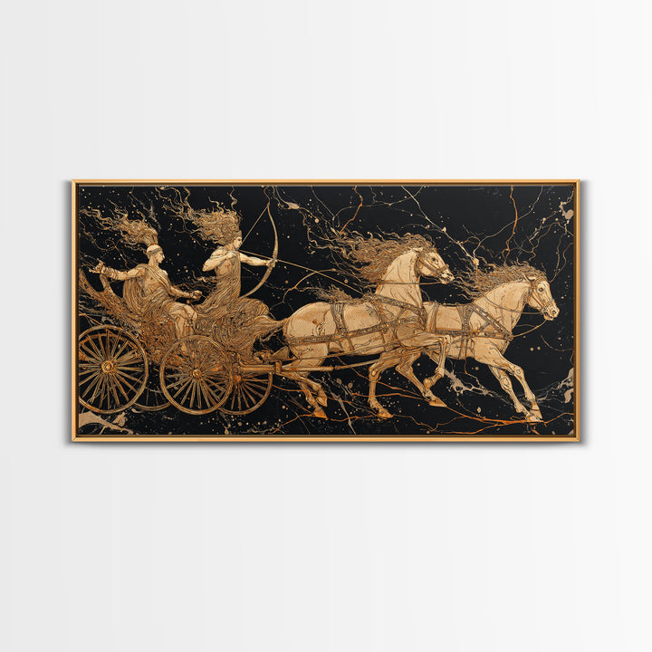 Greek Chariot Scene, Gold Canvas Art, Real Wood Frame, Mythology Inspired Wall Decor, Warriors And Horses Print