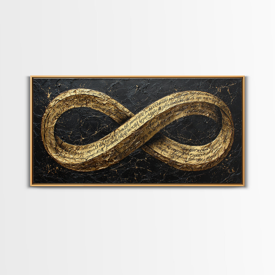Infinity Symbol With Script, Gold Canvas Art, Real Wood Frame, Elegant Wall Decor, Modern Abstract Artwork