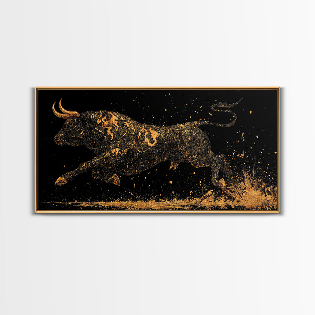 Golden Bull In Motion, Gold Canvas Art, Real Wood Frame, Dynamic Animal Wall Decor, Mythology Inspired Artwork