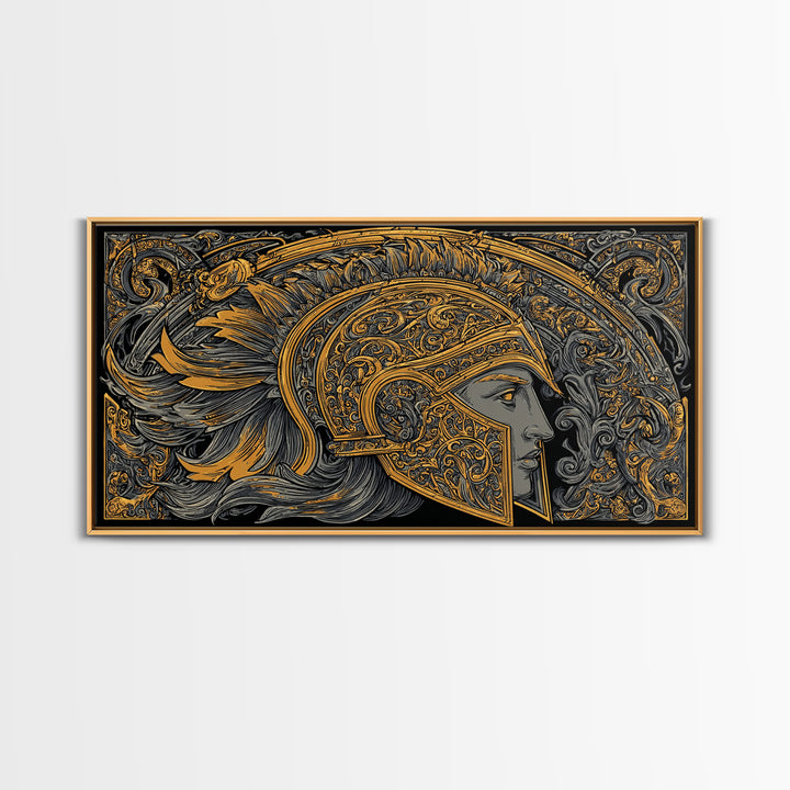 Ornate Greek Warrior Helmet, Gold Canvas Print, Real Wood Frame, Classical Armor Wall Art, Historical Decor
