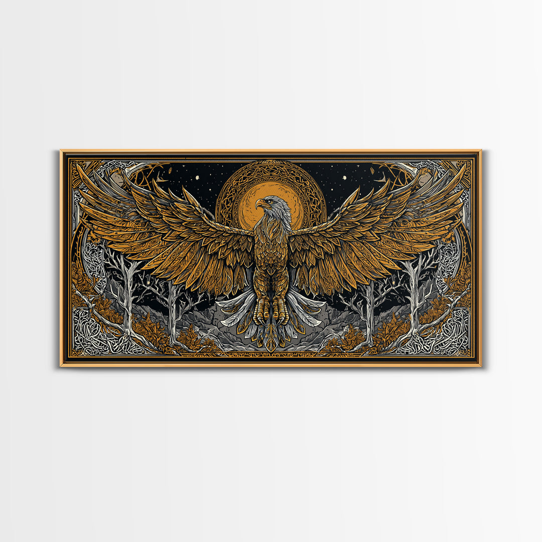 Golden Eagle Over Moonlit Forest, Gold Canvas Art, Real Wood Frame, Intricate Line Art, Majestic Bird Wall Decor