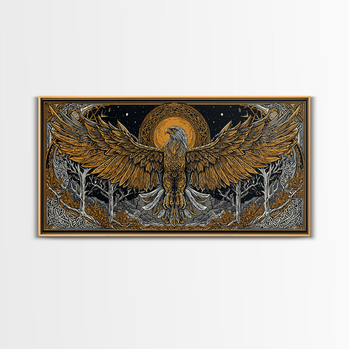 Golden Eagle Over Moonlit Forest, Gold Canvas Art, Real Wood Frame, Intricate Line Art, Majestic Bird Wall Decor