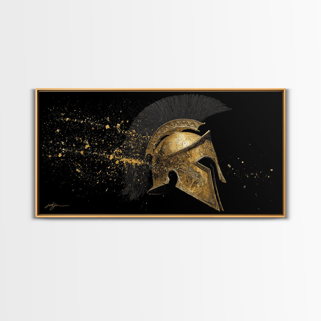 Golden Spartan Helmet, Gold Canvas Art, Real Wood Frame, Splatter Style Warrior Armor, Mythology Inspired Artwork