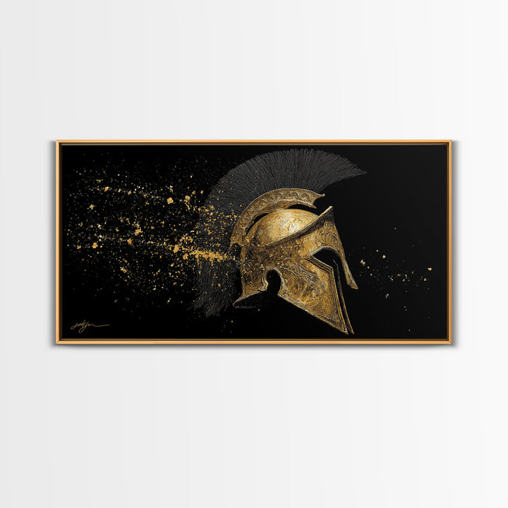 Golden Spartan Helmet, Gold Canvas Art, Real Wood Frame, Splatter Style Warrior Armor, Mythology Inspired Artwork