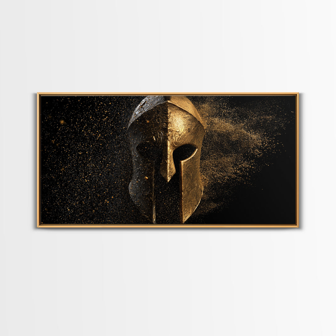 Half Gold Spartan Helmet, Gold Canvas Print, Real Wood Frame, Splatter Style Warrior Armor, Ancient Battle Artwork