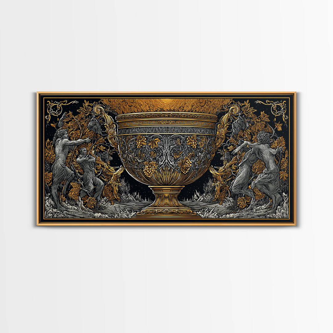 Golden Ornate Chalice, Gold Canvas Art, Real Wood Frame, Mythology Inspired Wall Decor, Classical Celebration Scene