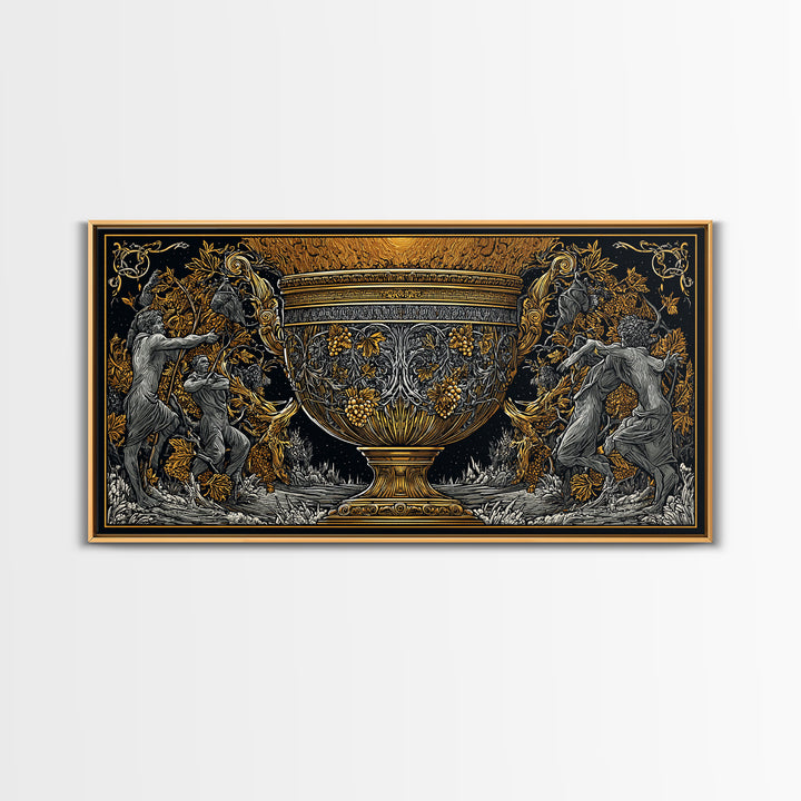 Golden Ornate Chalice, Gold Canvas Art, Real Wood Frame, Mythology Inspired Wall Decor, Classical Celebration Scene