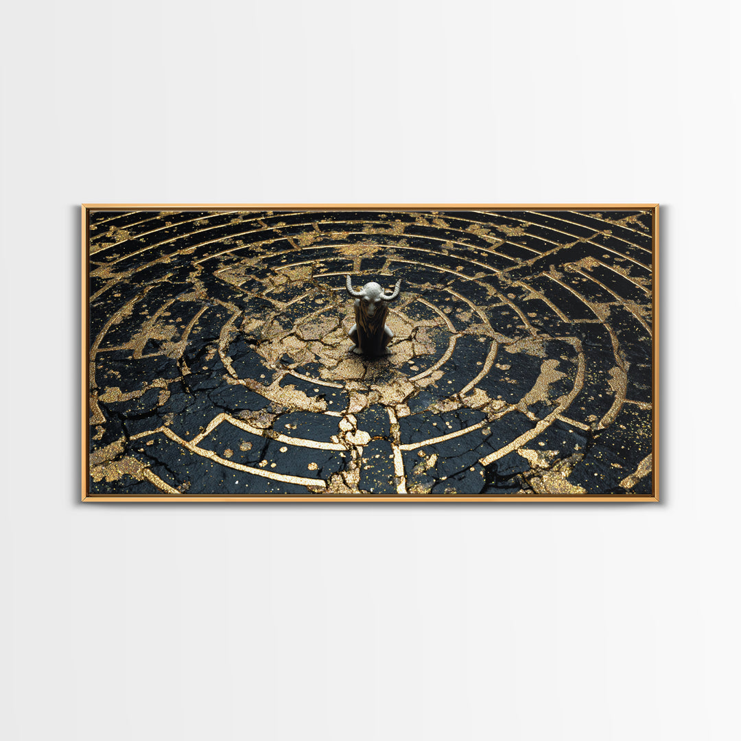 Minotaur In Labyrinth, Gold Canvas Print, Real Wood Frame, Mythology Inspired Wall Art, Ancient Maze Artwork