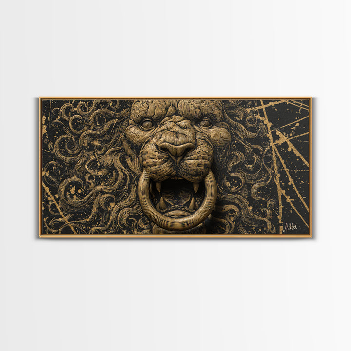 Golden Lion Door Knocker Close Up, Gold Canvas Art, Real Wood Frame, Splatter Style Animal Decor, Regal Lion Artwork