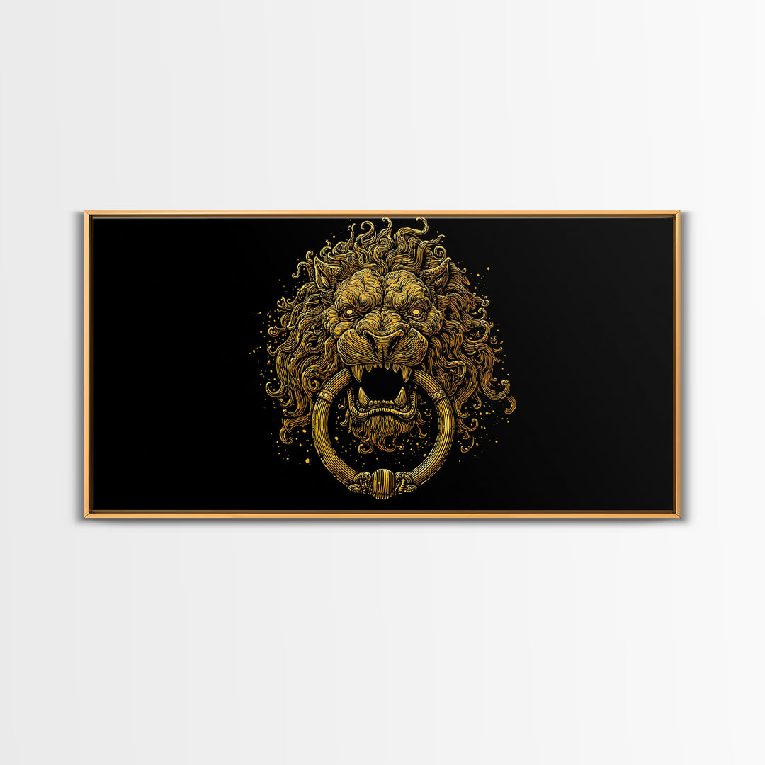 Golden Lion Door Knocker, Gold Canvas Print, Real Wood Frame, Majestic Animal Wall Art, Regal Gold Illustration