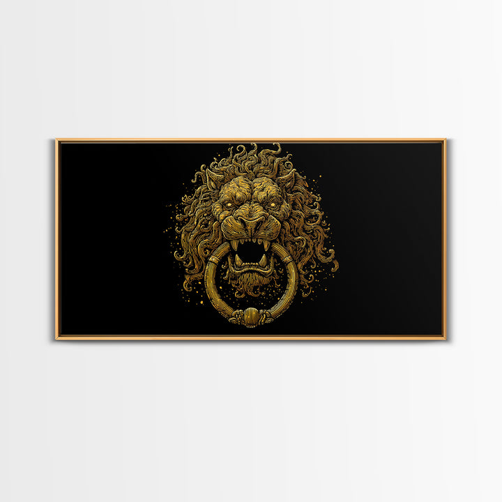 Golden Lion Door Knocker, Gold Canvas Print, Real Wood Frame, Majestic Animal Wall Art, Regal Gold Illustration