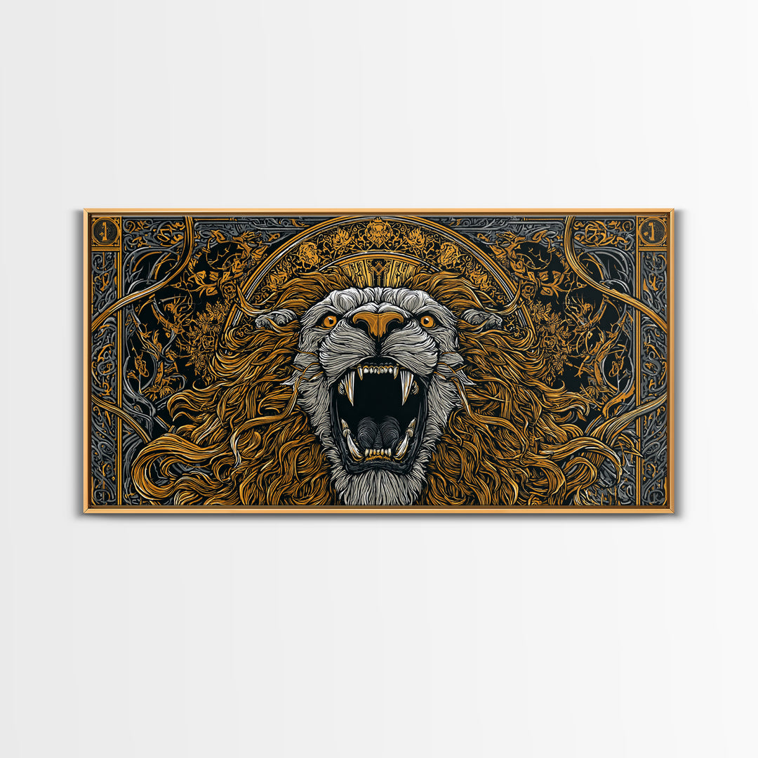 Roaring Golden Lion, Gold Canvas Art, Real Wood Frame, Mythology Inspired Animal Decor, Powerful Lion Wall Artwork
