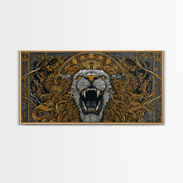 Roaring Golden Lion, Gold Canvas Art, Real Wood Frame, Mythology Inspired Animal Decor, Powerful Lion Wall Artwork