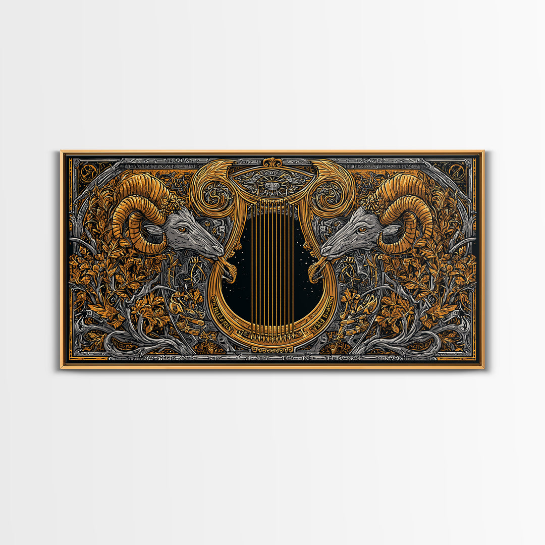 Ornate Ram Lyre, Gold Canvas Print, Real Wood Frame, Mythology Inspired Musical Art, Classical Decorative Artwork
