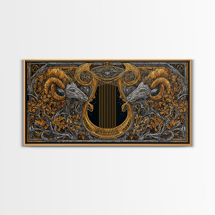Ornate Ram Lyre, Gold Canvas Print, Real Wood Frame, Mythology Inspired Musical Art, Classical Decorative Artwork