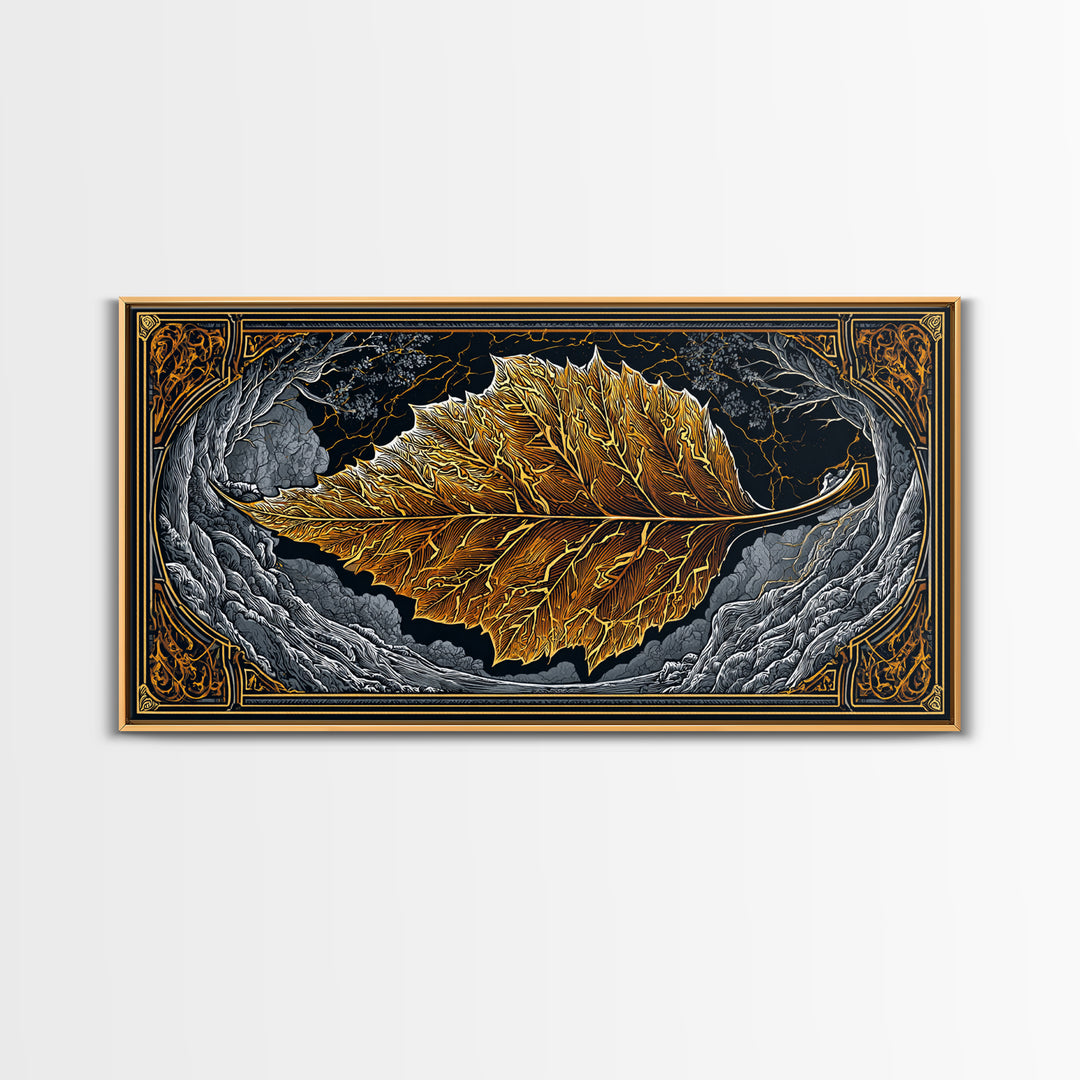 Golden Leaf In Ornate Frame, Gold Canvas Print, Real Wood Frame, Botanical Wall Art, Nature Inspired Decor