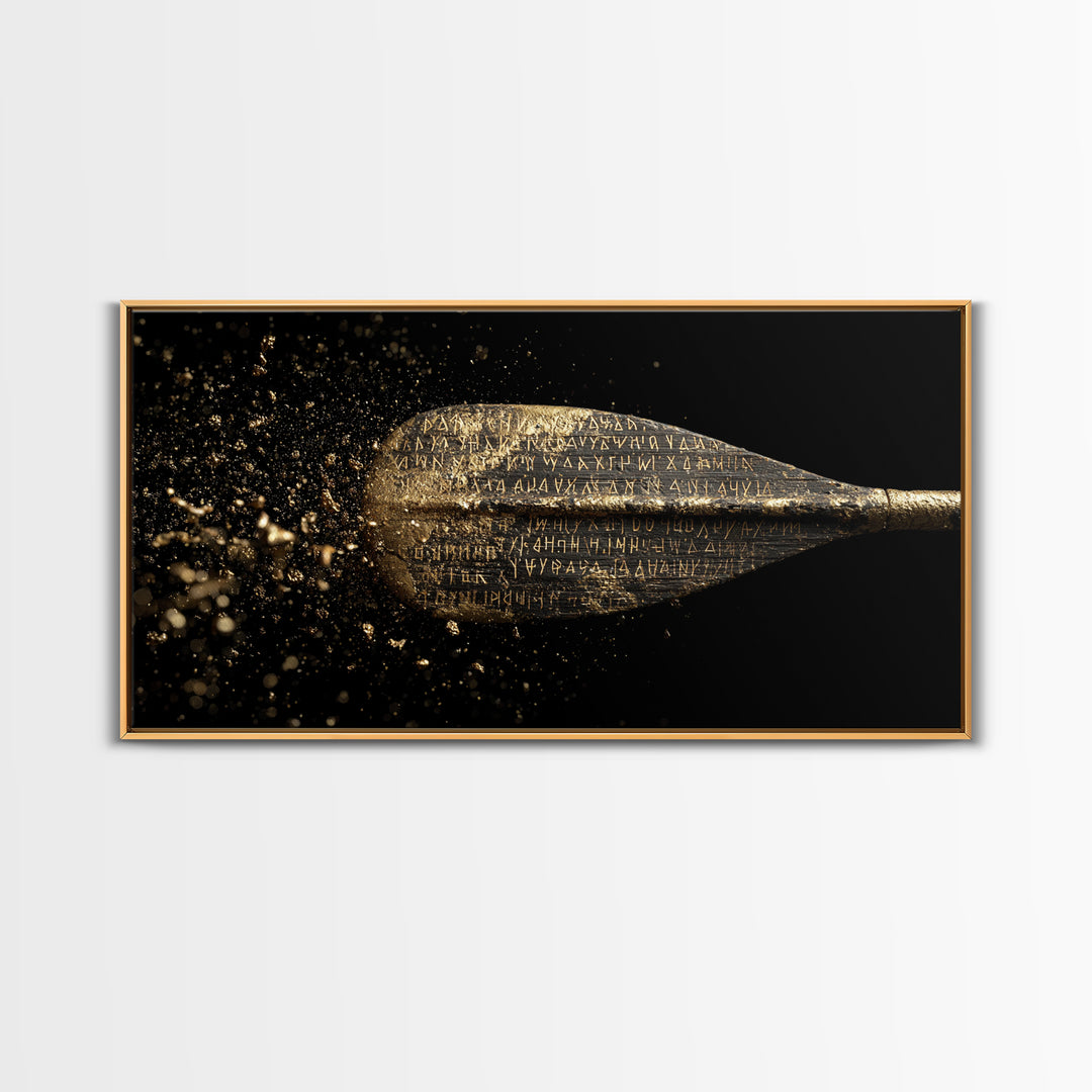 Ancient Golden Spear Tip, Gold Canvas Art, Real Wood Frame, Splatter Style Weapon Artwork, Mythology Inspired Decor