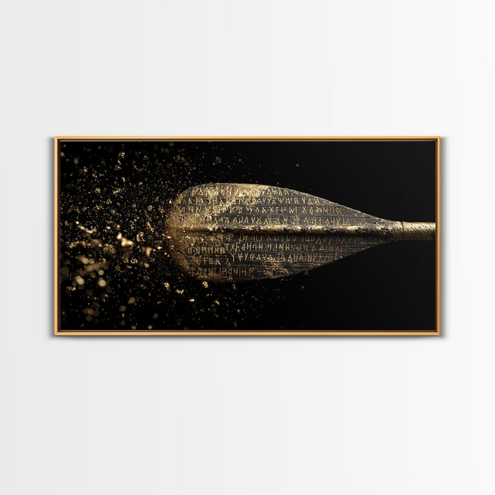 Ancient Golden Spear Tip, Gold Canvas Art, Real Wood Frame, Splatter Style Weapon Artwork, Mythology Inspired Decor