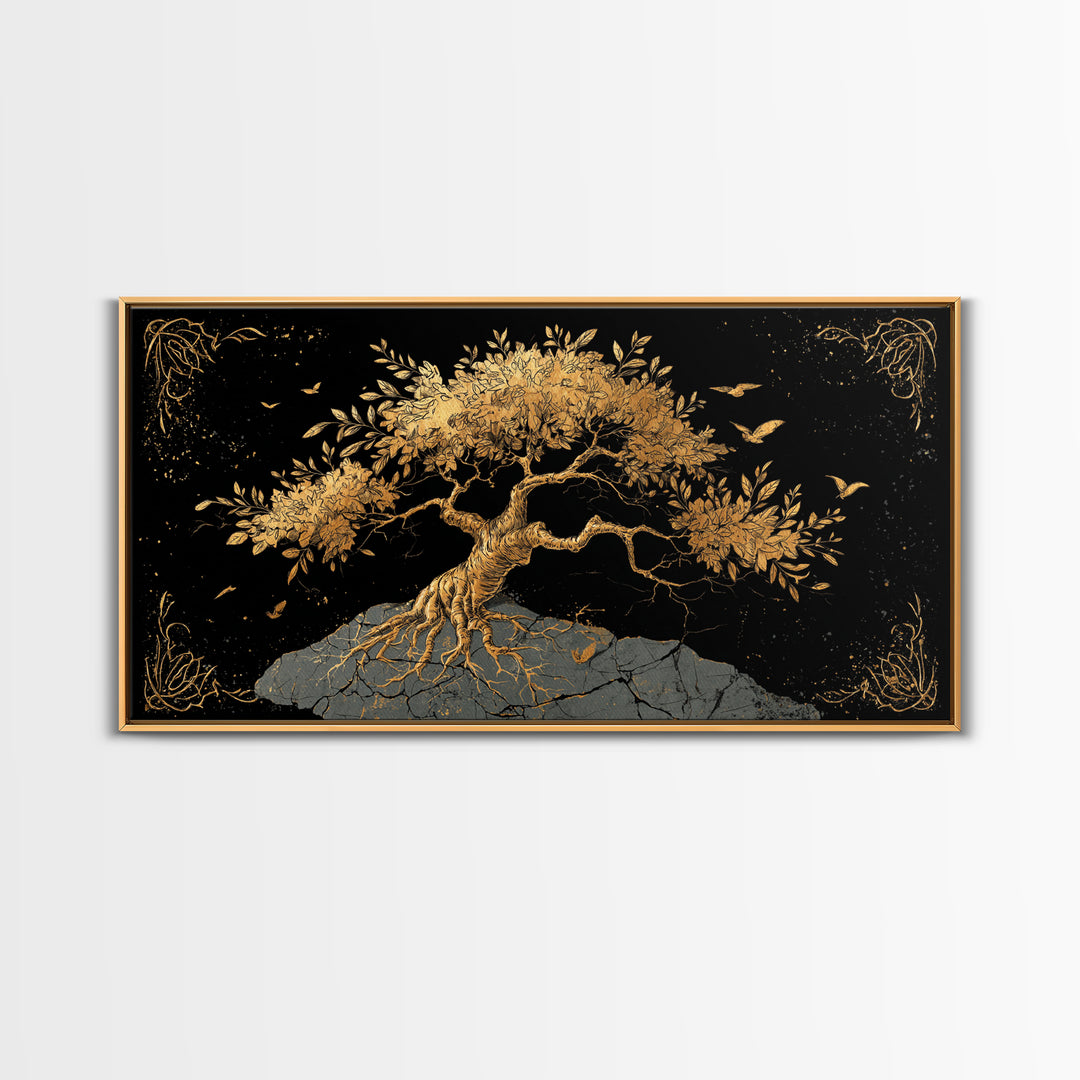 Gold Tree of Life Artwork, Intricate Roots and Leaves, Wood Framed Map Wall Art for Home or Office Décor